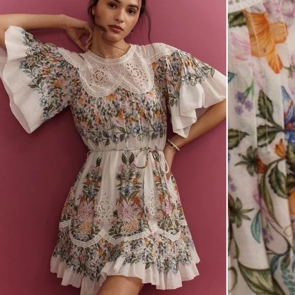 NIP Farm Rio Sweet Bloom Bouquet Short-Sleeve Mini Dress Size S Boho Cottagecore - Picture 2 of 12